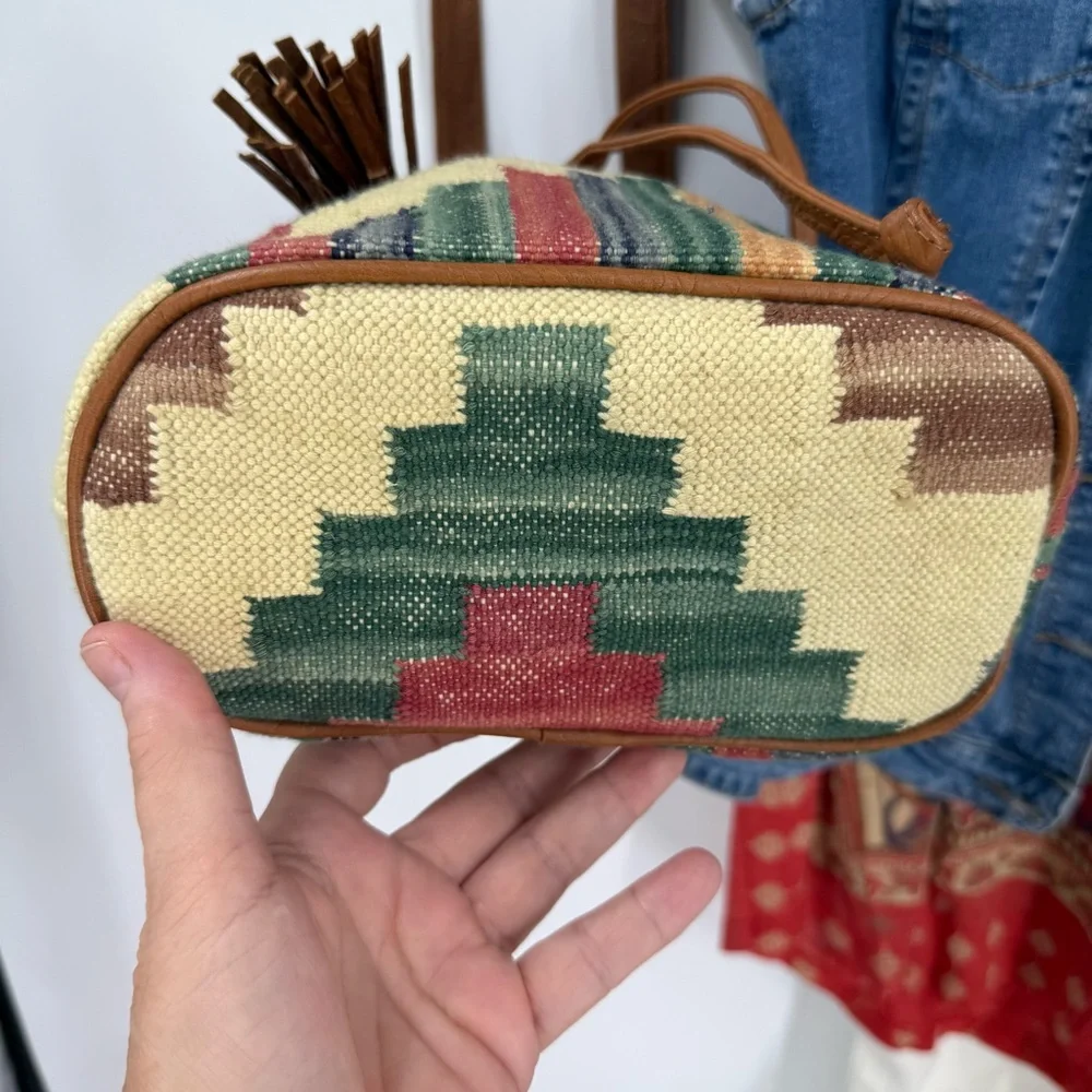 Vintage embossed, leather strap /trim, bohemian Multicolor Patterned Bucket Bag